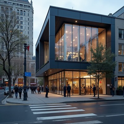 Evening scene outside modern building in a busy city