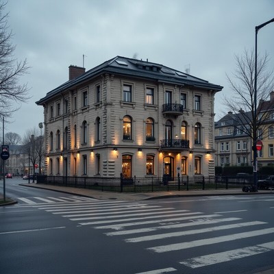 Charming historical building on a rainy evening street