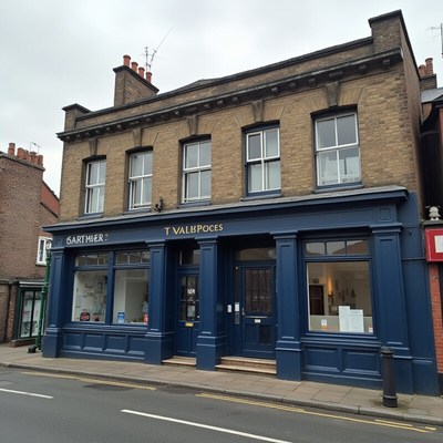 Historic blue building in a quiet street during the day