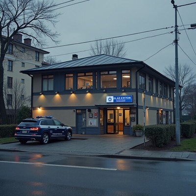 Police station during dusk in a quiet neighborhood