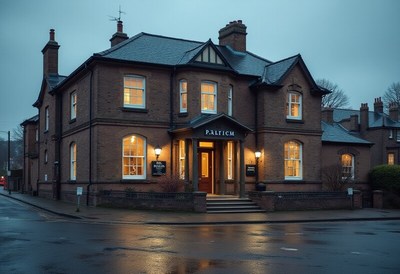Historic brick building shines in evening light