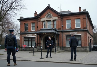 Police officers outside a historic building in the city
