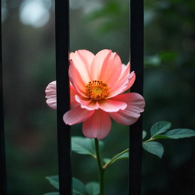 Pink flower blooming through garden fence at dusk