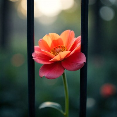 Colorful flower blooming through metal fence