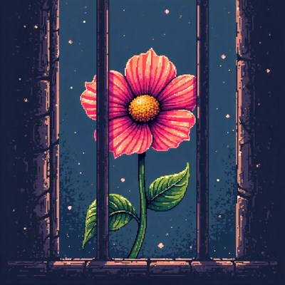 Colorful flower blooming behind prison bars at night
