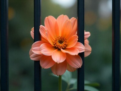 Beautiful orange flower blooming through black fence bars