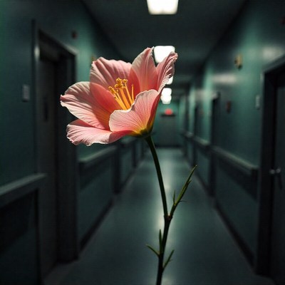 Flower stands alone in a hospital corridor