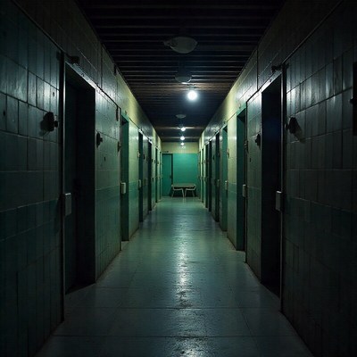 Empty Green Tiled Corridor Hallway