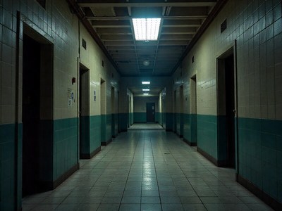 Dark corridor in an abandoned building at night