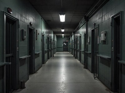 Dark corridor with barred doors in an empty building