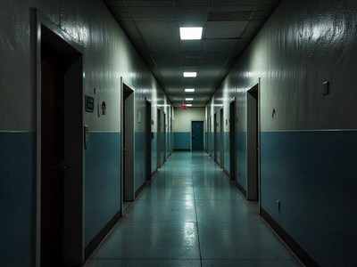 Long, dim hallway in an empty building at night