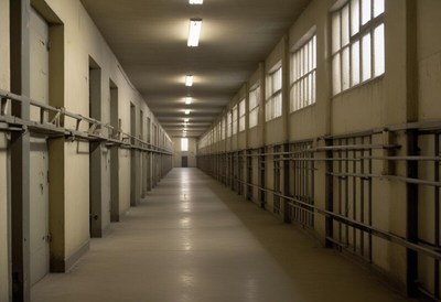 Empty prison corridor with barred doors and lights