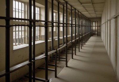 Abandoned prison corridor with old metal bars and windows