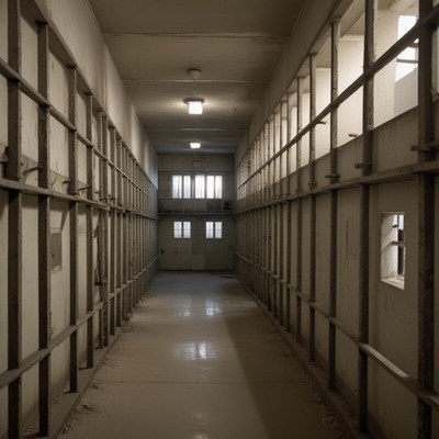 Long corridor in a desolate prison facility