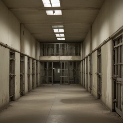 Prison hallway with open cells in an old facility