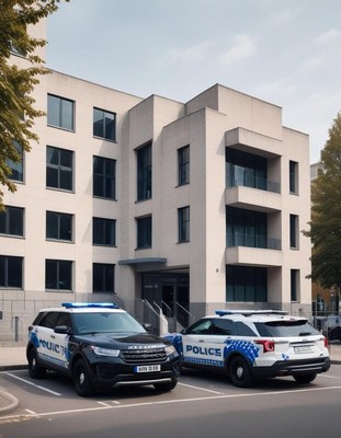 Police vehicles parked outside a modern building