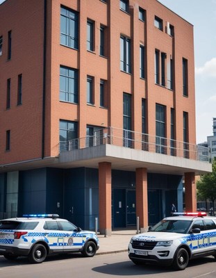 Police presence outside a modern building in the city