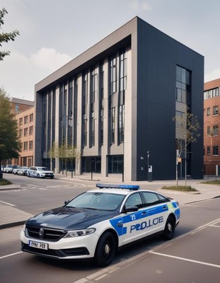 Police vehicle parked near modern office building