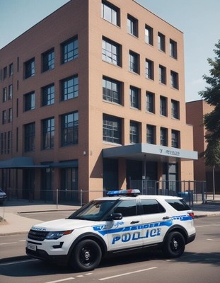 Police car parked in front of modern building on city street