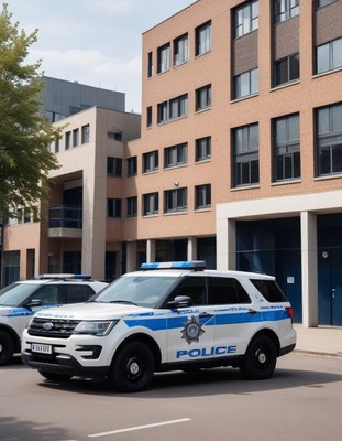 Police vehicles parked outside a modern building