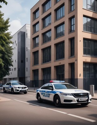Police cars responding near modern buildings in the city