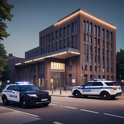 Police cars parked outside modern building at night