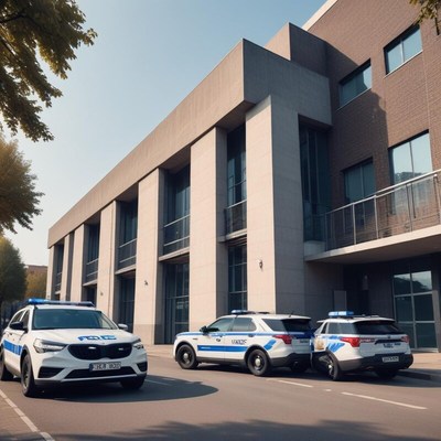 Police cars outside a modern building in daylight