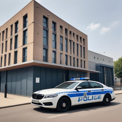 Police car parked at modern building during daytime