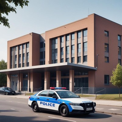 A police car is parked in front of a modern police station