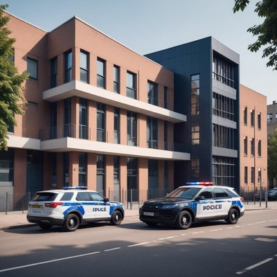 Police cars parked outside a modern building