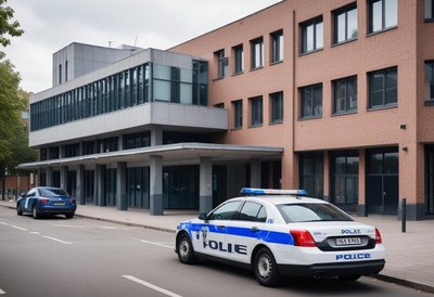 Police vehicle parked outside a modern police station