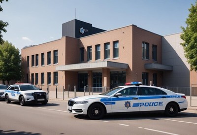 Police station with vehicles parked in front