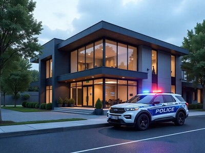 Police vehicle parked at modern building during evening