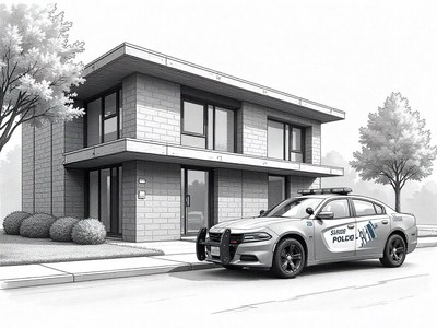 Police car parked outside a modern building in a quiet area