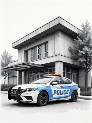 Police car parked outside a modern building during the day