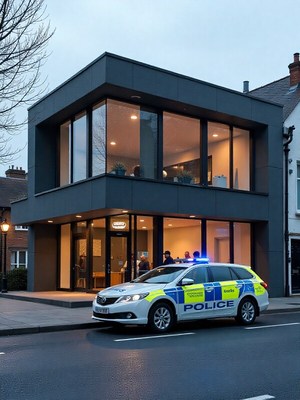 Police car parked outside a modern building in the evening