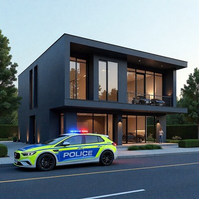 Police vehicle parked outside a modern house at dusk