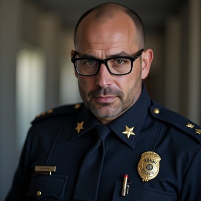 Police officer poses confidently in uniform with glasses