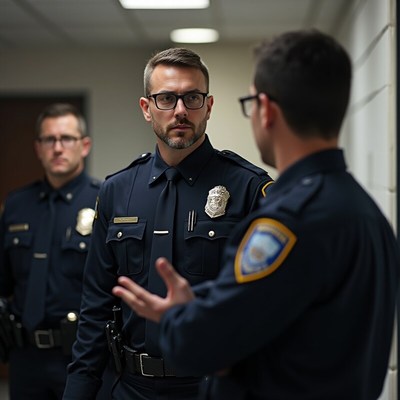 Police officers discussing in a hallway at night