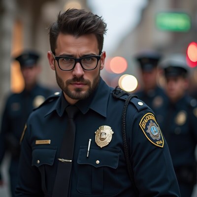 Confident police officer in busy urban environment