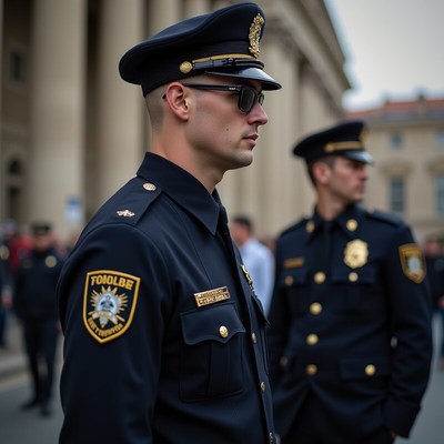 Police officers stand guard at a public event in the city