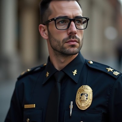 Police officer in uniform standing confidently on the street