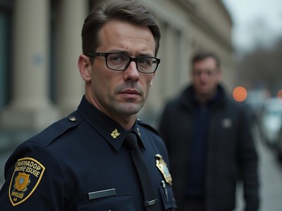 Police officer standing in front of a city building
