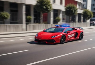 Sports car racing through city street with flashing lights