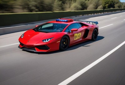 Fast red sports car with lights driving on highway