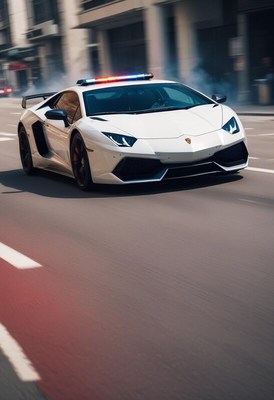 Sports car with flashing lights speeds through city streets