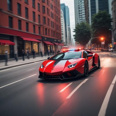 Sleek sports car cruising through city streets at dusk
