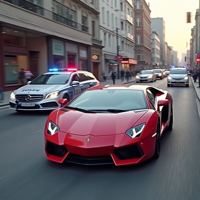 High-speed chase on city streets with a red sports car