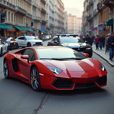 Bright red sports car on city street during cloudy day