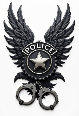 Police badge with wings and handcuffs on white background